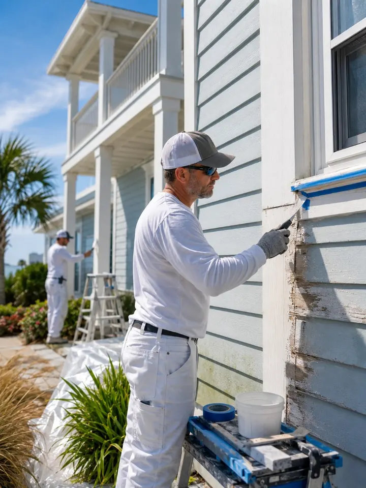 Painter scraping peeling light-blue siding on a Gulf Coast home while preparing the exterior for repaint