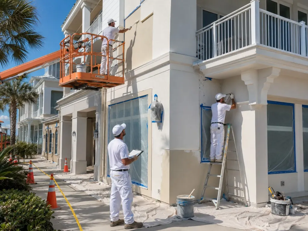 Painting crew using a boom lift and ladder on a multi-story coastal building exterior with windows masked and work area cordoned off