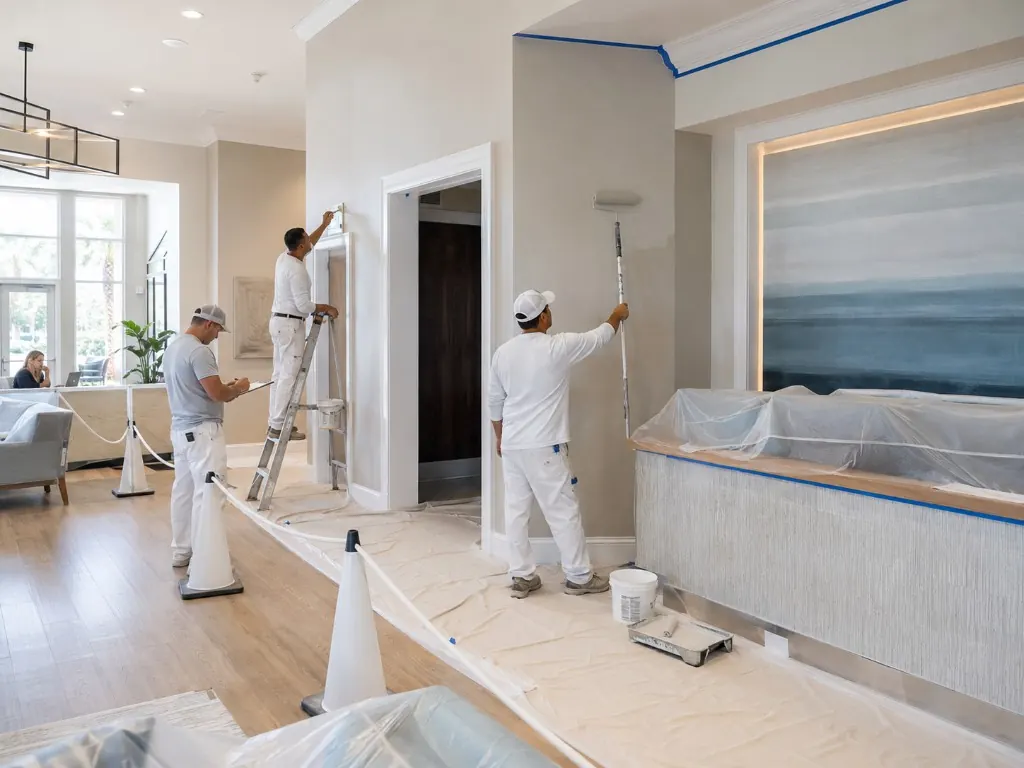 Painting crew working in an occupied commercial lobby with drop cloths, safety cones, and a staff member still at the desk