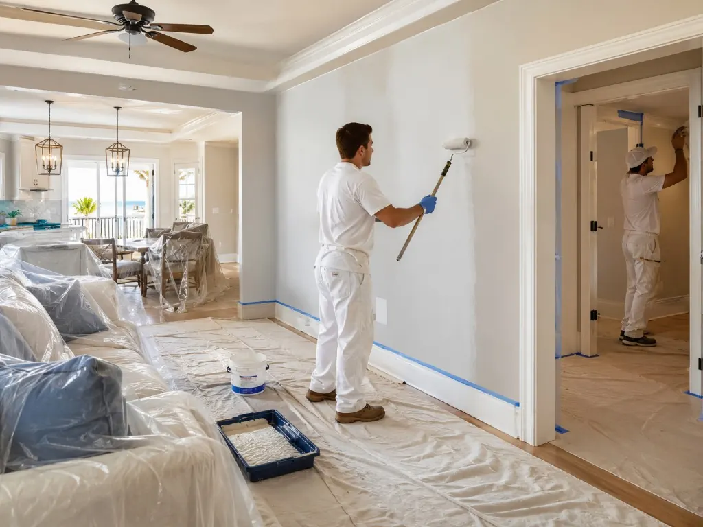 Painters rolling and brushing a bright coastal condo interior with furniture covered and floors protected
