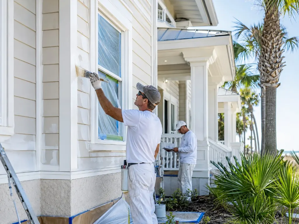 Painter brushing white window trim on a coastal home while another crew member reviews the job on the porch