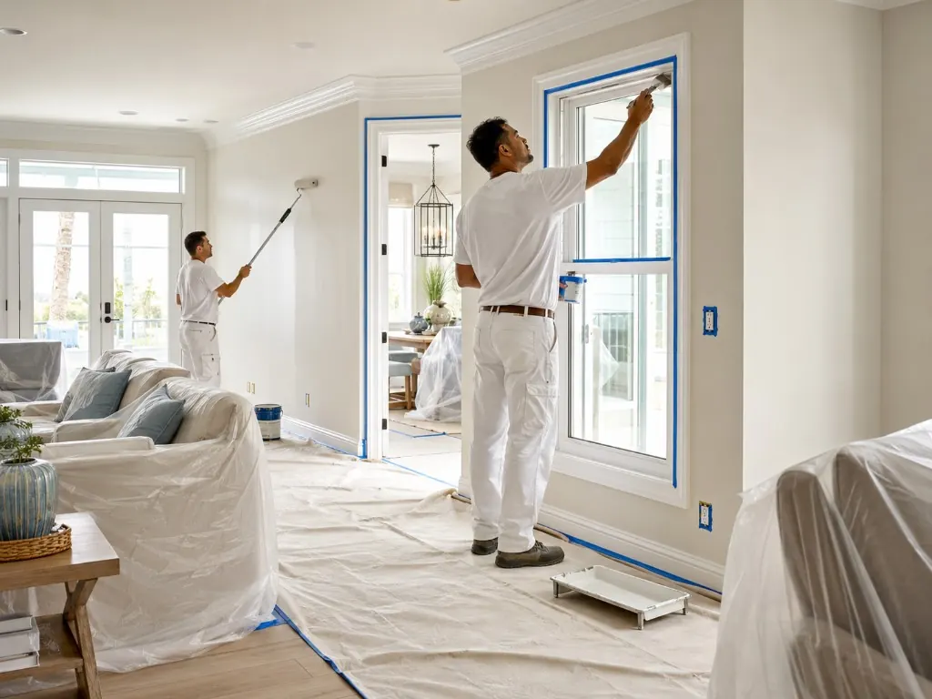 Painters carefully brush and roll an interior living room with floors, furniture, and trim fully protected