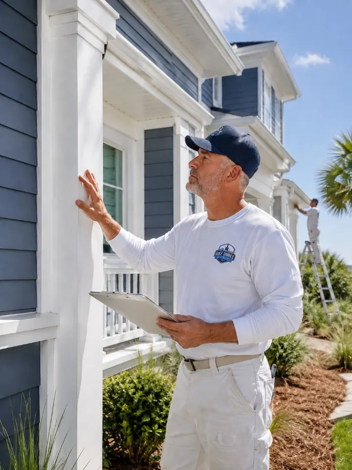 Gulf Shores Painting Pros contractor inspecting white trim on a navy coastal home while a crew member works on a ladder