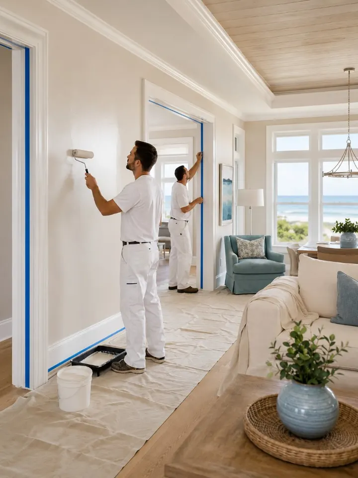Two professional painters carefully painting and taping a bright coastal home interior