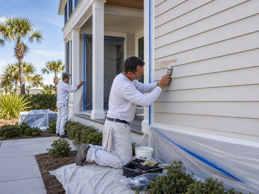 Painter scraping peeling siding on a coastal home while a crew member masks windows for exterior surface preparation